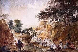 河边的风景与人物 Landscape with Figures by a River (c.1853 – c.1854)，卡米耶·毕沙罗