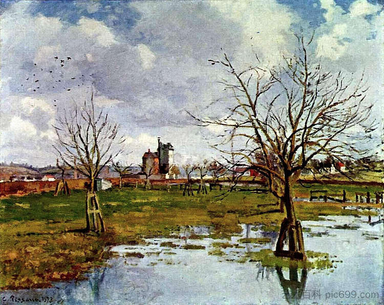 被淹没的田野景观 Landscape with Flooded Fields (1873)，卡米耶·毕沙罗