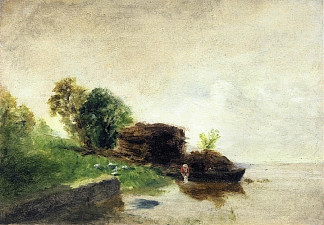 河岸上的洗衣店 Laundress on the Banks of the River (c.1855)，卡米耶·毕沙罗