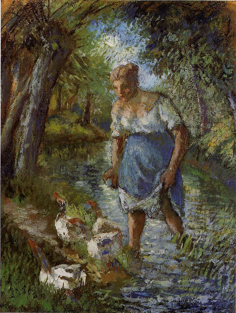 农民过溪 Peasant Crossing a Stream (c.1894)，卡米耶·毕沙罗