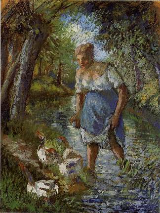 农民过溪 Peasant Crossing a Stream (c.1894)，卡米耶·毕沙罗