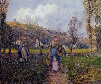 农民妇女和儿童收割田地，蓬图瓦兹 Peasant Woman and Child Harvesting the Fields, Pontoise (1882)，卡米耶·毕沙罗