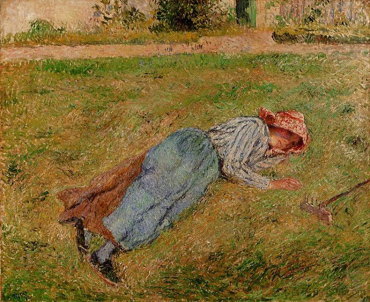 休息，农家女孩躺在草地上，蓬图瓦兹 Resting, Peasant Girl Lying on the Grass, Pontoise (1882)，卡米耶·毕沙罗