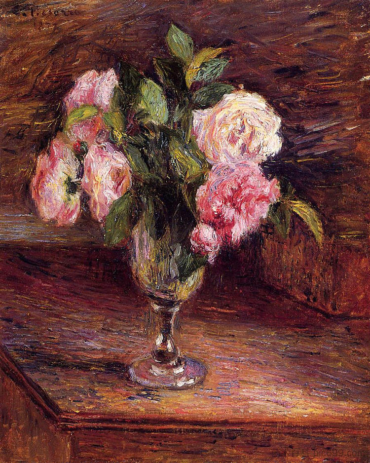 玻璃杯中的玫瑰 Roses in a Glass (1877)，卡米耶·毕沙罗