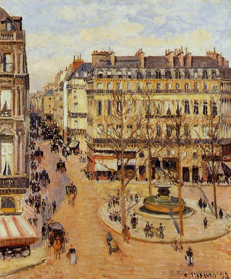 圣奥诺雷街晨曦效应，法兰西剧院广场 Rue Saint Honore Morning Sun Effect, Place du Theatre Francais (1898)，卡米耶·毕沙罗