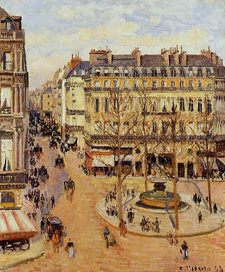 圣奥诺雷街晨曦效应，法兰西剧院广场 Rue Saint Honore Morning Sun Effect, Place du Theatre Francais (1898)，卡米耶·毕沙罗