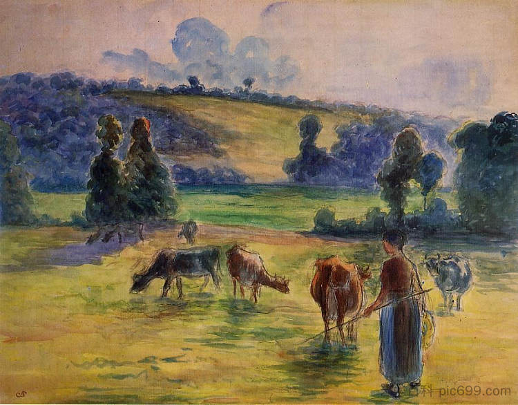 为“埃拉格尼的牛郎”学习 Study for 'Cowherd at Eragny' (1884)，卡米耶·毕沙罗