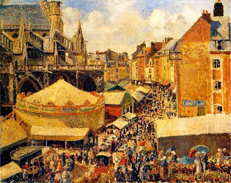 迪耶普的博览会，阳光明媚的早晨 The Fair in Dieppe, Sunny Morning (1901)，卡米耶·毕沙罗