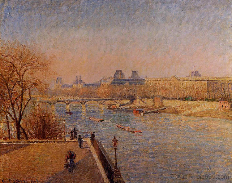 卢浮宫， 冬天的阳光， 早晨 The Louvre, Winter Sunshine, Morning (1900)，卡米耶·毕沙罗