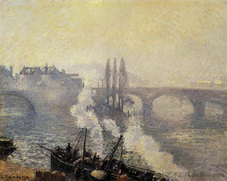 高乃依桥，鲁昂，晨雾 The Pont Corneille, Rouen, Morning Mist (1896)，卡米耶·毕沙罗