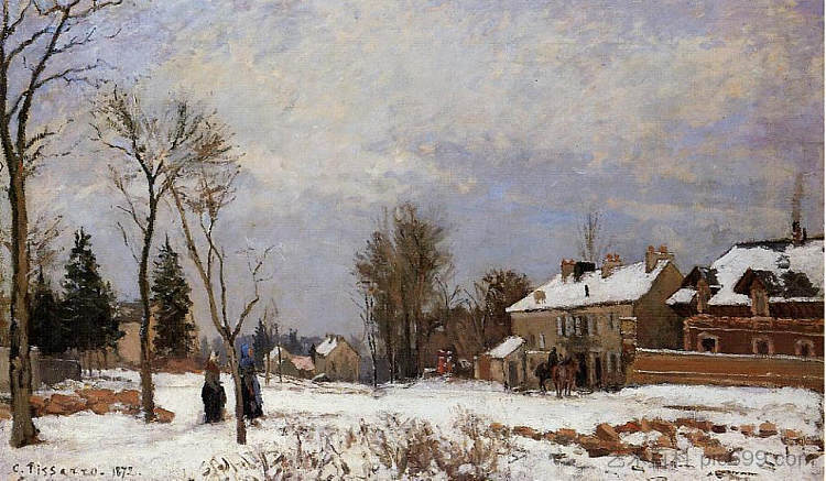 从凡尔赛到圣日耳曼的道路，卢维西讷。雪景效果 The Road from Versailles to Saint Germain, Louveciennes. Snow Effect (1872)，卡米耶·毕沙罗