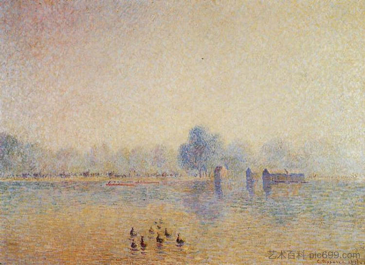 蛇形、海德公园、雾效果 The Serpentine, Hyde Park, Fog Effect (1890)，卡米耶·毕沙罗