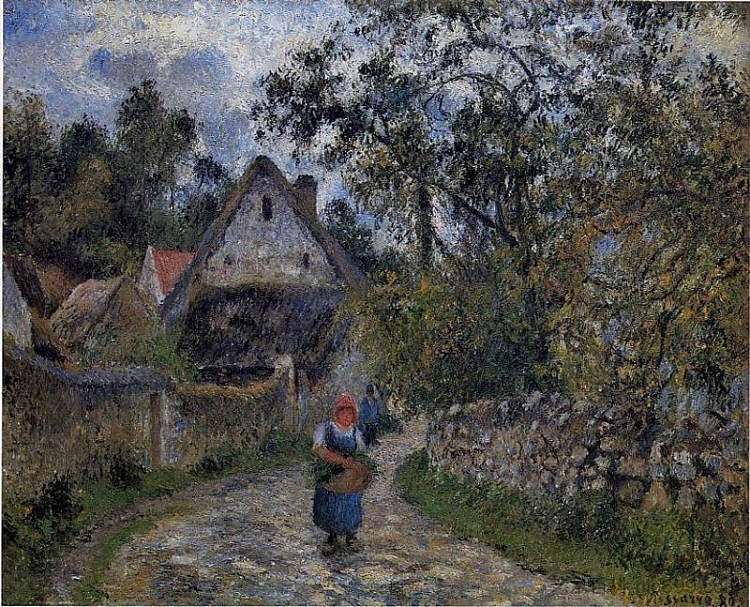 村庄小径 - 瓦尔赫梅尔的茅草屋 The village path - thatched cottages in Valhermeil (1880)，卡米耶·毕沙罗