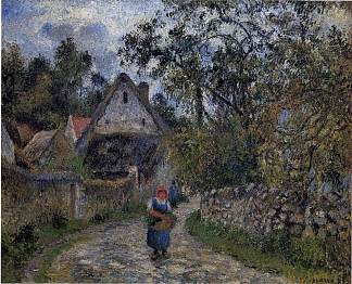 村庄小径 – 瓦尔赫梅尔的茅草屋 The village path – thatched cottages in Valhermeil (1880)，卡米耶·毕沙罗