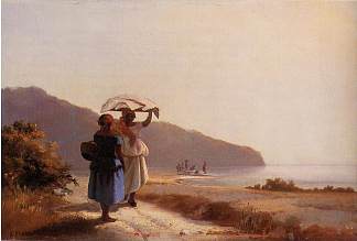 两个女人在海边聊天，圣托马斯 Two Woman Chatting by the Sea, St. Thomas (1856)，卡米耶·毕沙罗