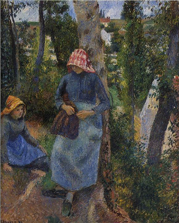 两个年轻农民在树下聊天 Two Young Peasants Chatting under the Trees (1881)，卡米耶·毕沙罗