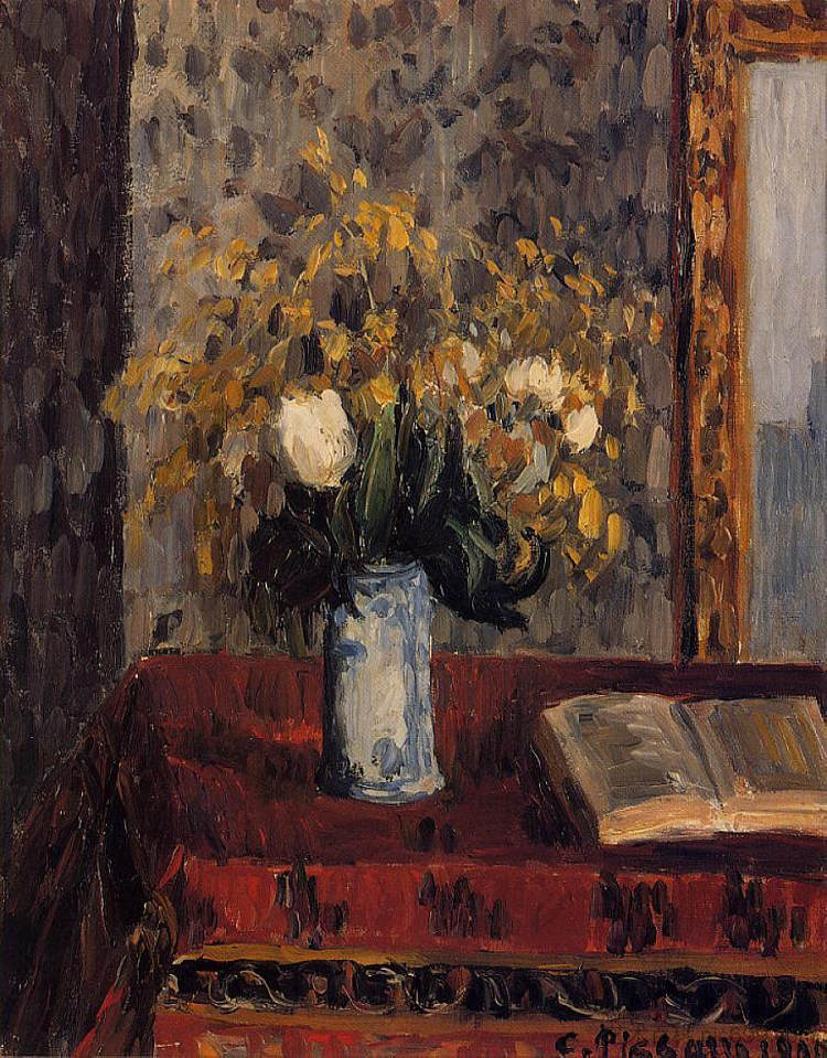 花瓶、郁金香和石榴石 Vase of Flowers, Tulips and Garnets (1900)，卡米耶·毕沙罗