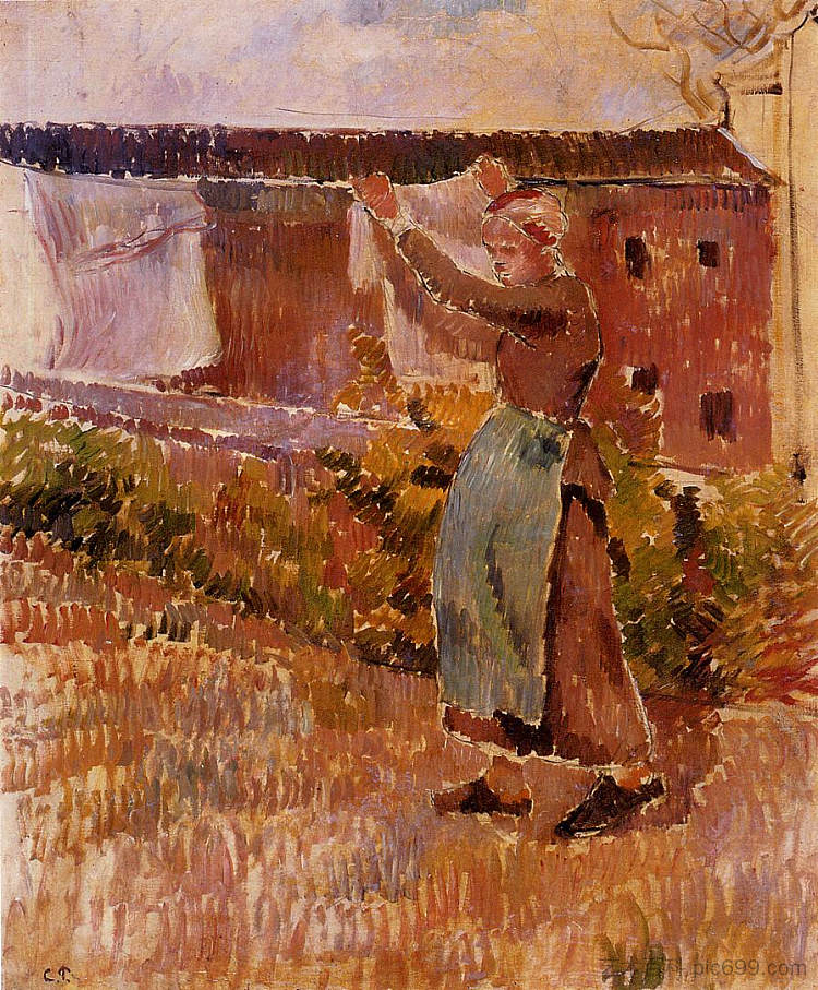 照看衣物的妇女（研究） Women Tending the Laundry (study) (c.1887)，卡米耶·毕沙罗