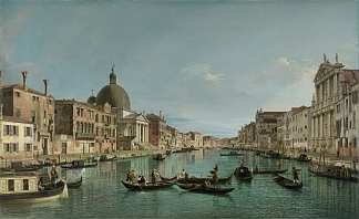 威尼斯的大运河与圣西蒙尼短笛和斯卡尔齐教堂 The Grand Canal in Venice with San Simeone Piccolo and the Scalzi church (c.1738)，加纳莱托