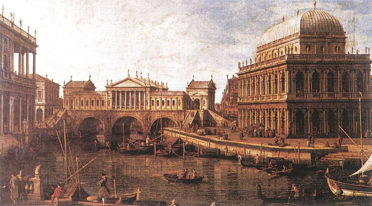 随想曲：里亚托桥的帕拉第奥设计，维琴察的建筑 Capriccio: a Palladian Design for the Rialto Bridge, with Buildings at Vicenza (c.1745)，加纳莱托