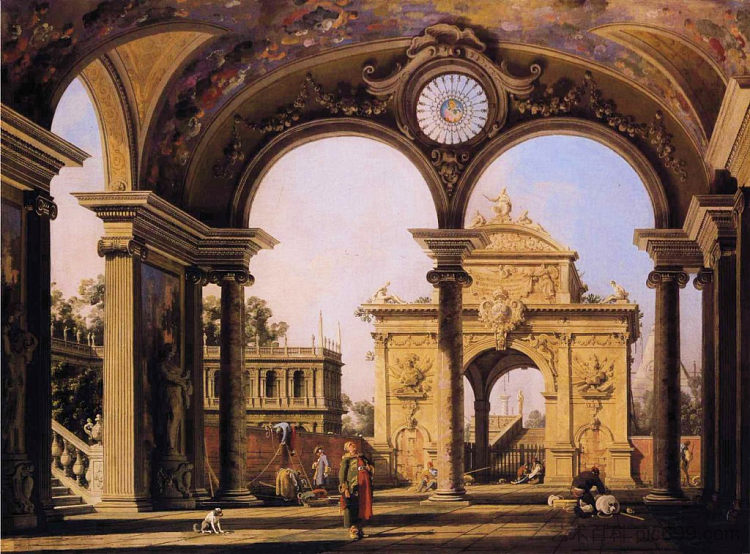 从宫殿门廊看到的文艺复兴时期凯旋门的随想曲 Capriccio of a Renaissance Triumphal Arch seen from the Portico of a Palace (1755; Venice,Italy  )，加纳莱托