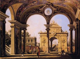 从宫殿门廊看到的文艺复兴时期凯旋门的随想曲 Capriccio of a Renaissance Triumphal Arch seen from the Portico of a Palace (1755; Venice,Italy                     )，加纳莱托