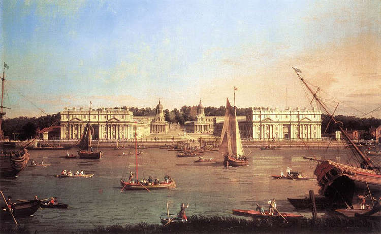 伦敦：泰晤士河北岸的格林威治医院 London: Greenwich Hospital from the North Bank of the Thames (c.1753; London,United Kingdom  )，加纳莱托