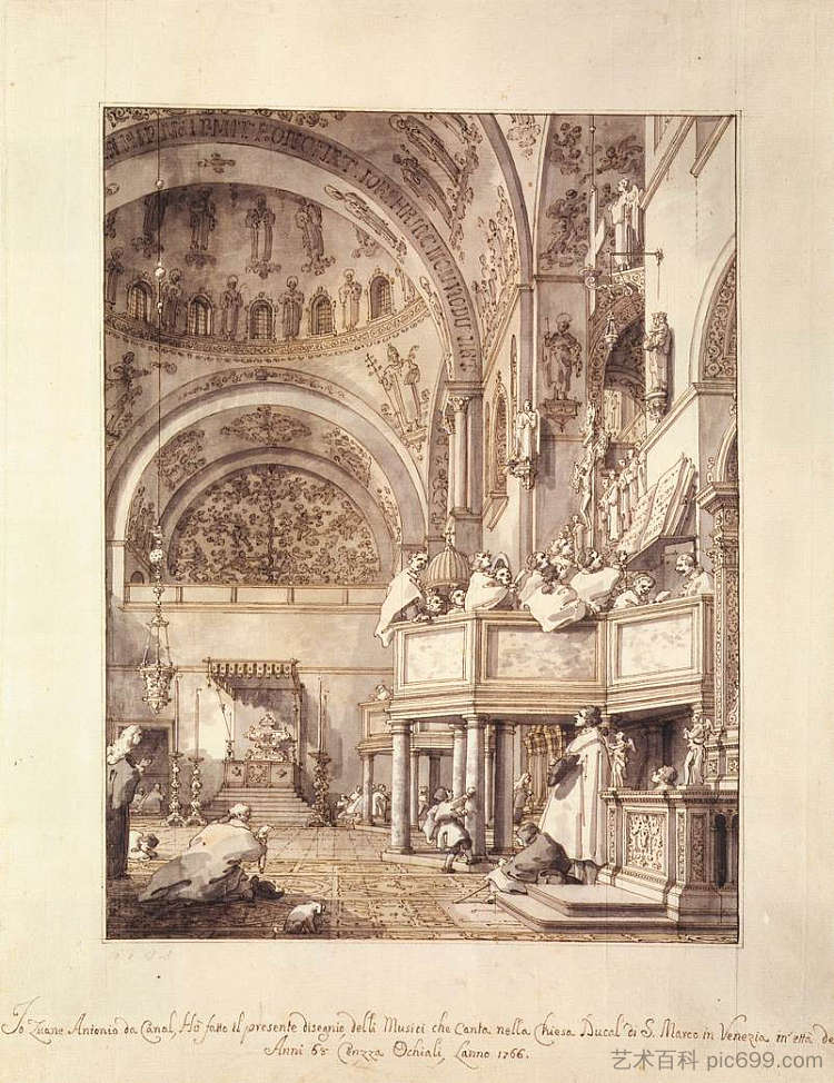 圣马可：十字路口和北横断面，音乐家在唱歌 San Marco: the Crossing and North Transept, with Musicians Singing (1766; Venice,Italy  )，加纳莱托