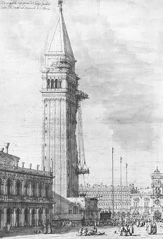 广场：向北眺望，康铂正在修复 The Piazzetta: Looking North, the Campanile under Repair (1745; Venice,Italy                     )，加纳莱托