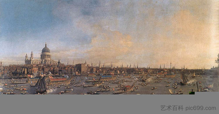 泰晤士河与圣保罗大教堂在市长节 The River Thames with St. Paul's Cathedral on Lord Mayor's Day (c.1746; London,United Kingdom  )，加纳莱托