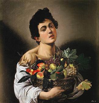 拿着一篮水果的男孩 Boy with a Basket of Fruit (c.1593)，卡拉瓦乔