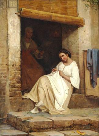 街景罗马，一个年轻的女孩在她的内幕 Street scene Rome, a young girl at her neddlework (1865)，卡尔·布洛赫