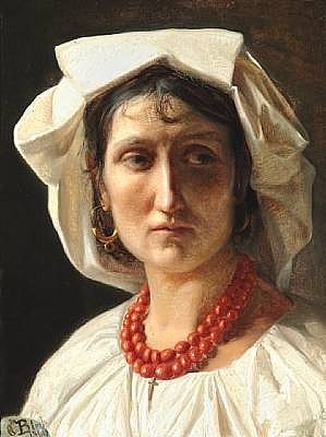 一个年轻的意大利女人的肖像与白色帽子和珊瑚项链与十字架 Portrait of a young Italian woman with white bonnet and coral necklace with a cross (1860)，卡尔·布洛赫
