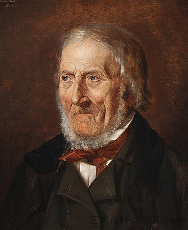 一位穿着黑色大衣、白色衬衫和领带的老年绅士的肖像 Portrait of an elderly gentleman wearing a black overcoat, white shirt and a necktie (1851),卡尔·布洛赫