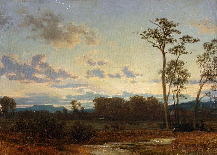日落时的河流景观 A River Landscape at Sunset (1857)，卡尔·古斯塔夫·罗德