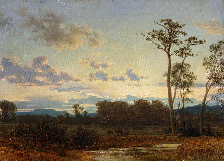 日落时的河流景观 A River Landscape at Sunset (1857),卡尔·古斯塔夫·罗德