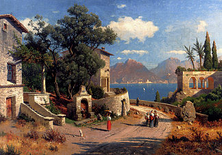 湖边的意大利村庄 An Italian Village By A Lake (1892)，卡尔·古斯塔夫·罗德