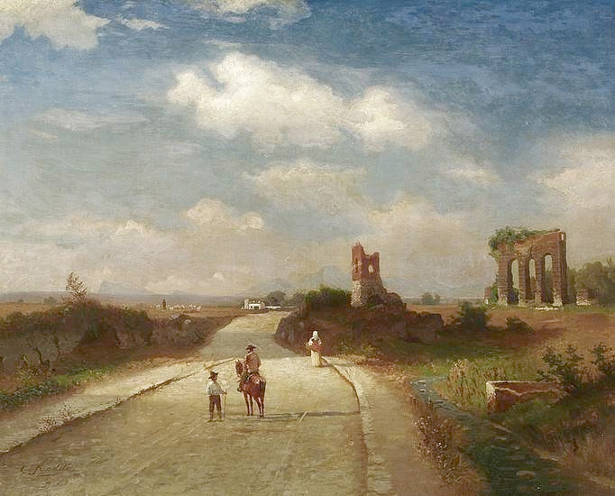 罗马坎帕尼亚山土路上的旅行者 Travelers on a dirt road on the Roman Campagna，卡尔·古斯塔夫·罗德