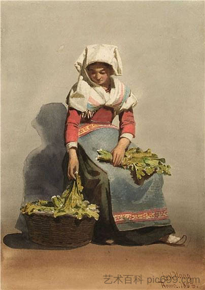 拿着一篮蔬菜的农家女孩 Peasant girl with basket of vegetables (1853; Rome,Italy  )，卡尔·哈格