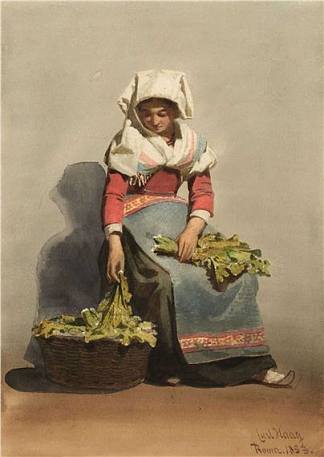 拿着一篮蔬菜的农家女孩 Peasant girl with basket of vegetables (1853; Rome,Italy                     )，卡尔·哈格