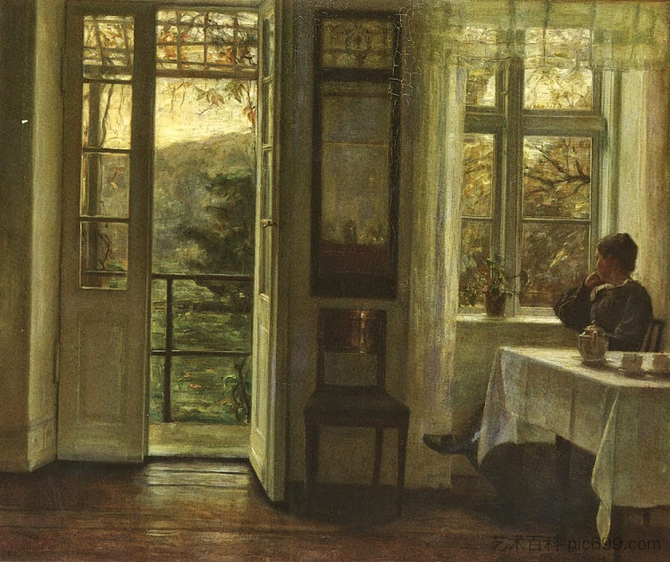 艺术家的妻子坐在阳光明媚的房间里的窗户前 The Artist's Wife Sitting at a Window in a Sunlit Room (c.1900)，卡尔何露斯