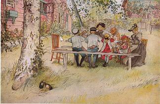 大桦树下的早餐 Breakfast under the Big Birch (c.1895; Sweden                     )，卡尔·拉森