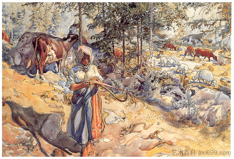 草地上的女牛仔 Cowgirl in the meadow (1906; Sweden  )，卡尔·拉森