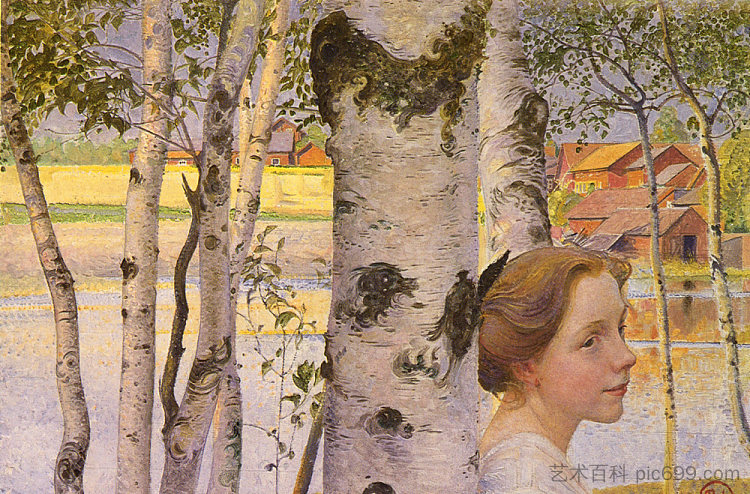 白桦林中的利斯贝斯 Lisbeth at the birch grove (1910; Sweden  )，卡尔·拉森