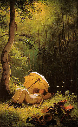 躺在雨伞下的森林中的画家 The Painter In A Forest Glade Lying Under An Umbrella，卡尔·施皮茨韦格