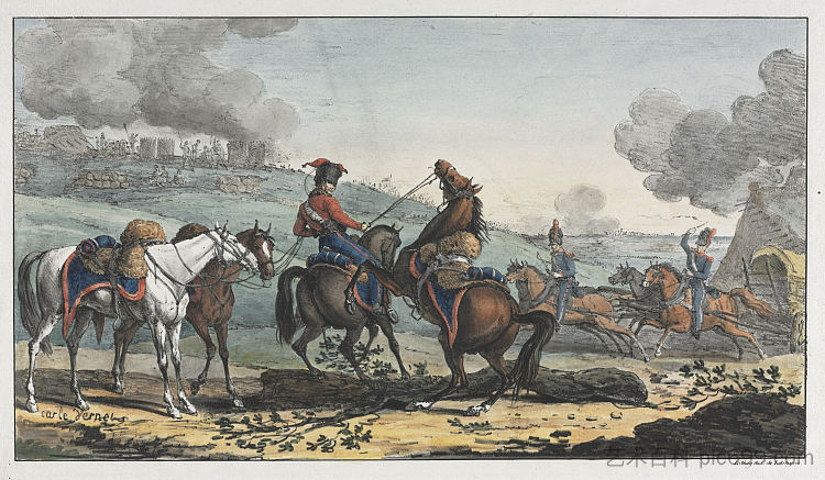 骑炮兵牵着三匹马 Mounted Artilleryman Leading Three Horses，卡尔·韦尔内