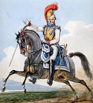 骑兵第1团。记录拿破仑大军团制服系列的一部分。 1st Regiment of Carabiniers. Part of a Series Chronicling the Uniforms of Napoleon’s Grande Armée. (1812)，卡尔·韦尔内