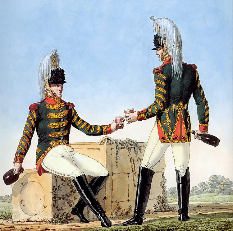 胸甲骑兵第 1 团 - 小号手。记录拿破仑大军团制服系列的一部分。 1st Regiment of Cuirassiers - Trumpeters. Part of a Series Chronicling the Uniforms of Napoleon's Grande Armée. (1812),卡尔·韦尔内