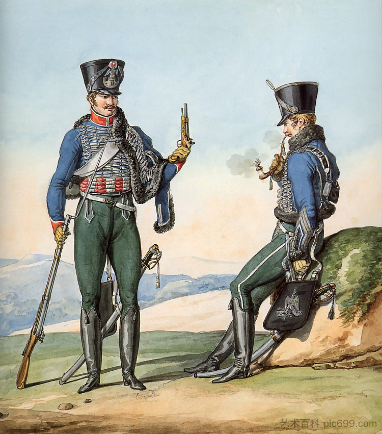 骠骑兵第1团。记录拿破仑大军团制服系列的一部分。 1st Regiment of Hussars. Part of a Series Chronicling the Uniforms of Napoleon's Grande Armée. (1812)，卡尔·韦尔内