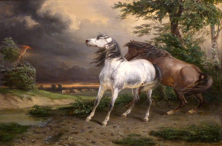 被暴风雨惊吓的马匹 Horses Frightened by the Storm (1800)，卡尔·韦尔内